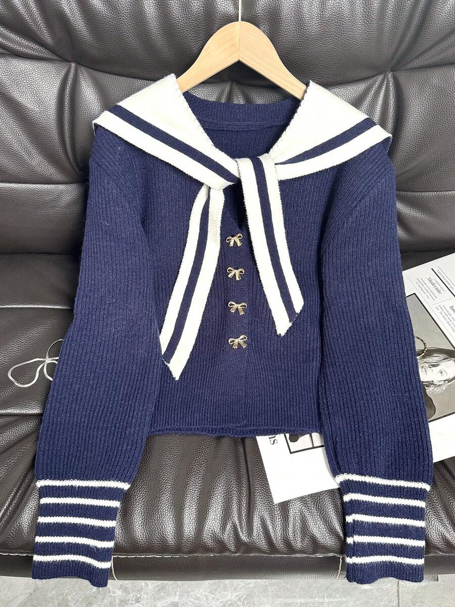 Navy Collar Bow Knit Cardigan, Versatile School Style Sweater