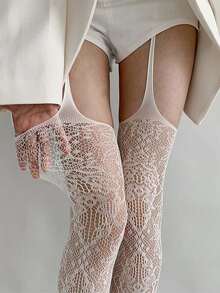1 双女式花卉蕾丝渔网袜，性感镂空网眼拼接紧身裤袜，带吊袜带 - 彩色 - 查看 9