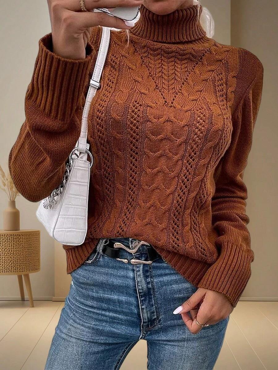 Women Turtleneck Long Sleeve Cable Knit Pullover Slim Fit Solid Sweater Tops - 棕色 - 查看 1