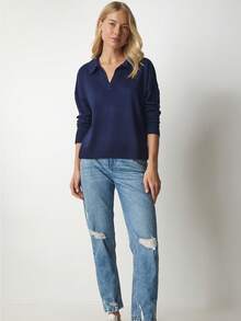 Suéter casual versátil feminino de cor sólida - Azul marinho - Ver 4