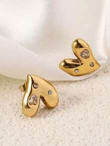 1 par de pendientes elegantes de acero inoxidable para mujer con diseño asimétrico de corazón con rhinestones, adecuados para uso diario y vacaciones