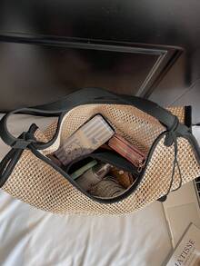 新款时尚大容量编织包，小众设计高品质女士单肩包，休闲日常度假沙滩包，简约百搭工作通勤手提包 - 米色 - 查看 7