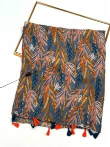1pc Simple Printed Scarf, Lightweight & Breathable Tassel Shawl, Elegant & Fashionable Design For Women, Versatile Silk Scarf For Spring/Summer, Outdoor Sun Protection Beach Wrap, Headscarf For Dress - Brown - View 6