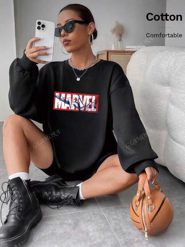 Marvel Sweat-shirt à épaules tombantes pour femme, haut en coton, imprimé Spider-Man Element, col rond, ample, noir, grande taille, printemps et automne
