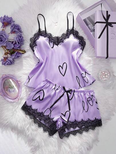Women's Contrast Lace Heart Print Camisole And Shorts Pajama Set
