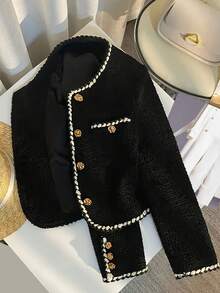 Ladies' Color-Blocked Tweed Jacket With Front Buttons, Retro And Elegant Short Style, Fashionable For Parties And Office Wear, Casual Tweed Coat, Collarless Top For Autumn - Black - View 12