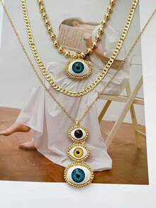 1Pc Western Cowboy Stylish Copper Beaded Eyes Cow Head Vegan Loop Chain Printed Scarf Necklace For Parties Music Festivals Out Hip Hop Enthusiasts Cowboy Lovers Wear, 18k Gold Plated Women's Gold Jewelry Halloween Gift(The Eye Pendant Is Secured With Foam Backing, And The Material Of The Eye Pendant Is Resin.) - Gold - View 5