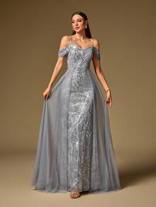春夏露肩亮片网纱刺绣A字型正式晚礼服，优雅舞会礼服，婚礼宾客礼服，适合毕业典礼、盛大晚宴及其他场合 - 灰色 - 查看 3