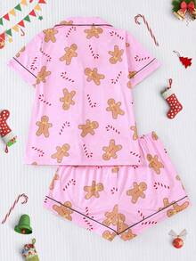 2pcs Christmas Cookie & Candy Print Pajama Set For Women, Comfortable Lapel Button Short Sleeve Top And Elastic Waist Shorts, Casual Outdoor & Homewear
