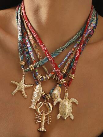 海洋生物吊坠项链，波西米亚海龟小鱼海星吊坠项链，海滩度假风格彩色印花布绳锁骨链