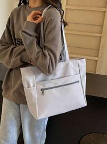 女士多口袋托特包，轻便可折叠单肩/腋下包，学生背包，办公公文包，大容量购物袋，适合购物、钱包、逛街、年轻女性、大学生、新手、白领。非常适合办公室、大学、工作、商务、通勤、户外活动、旅行和野餐 - 灰色 - 查看 10