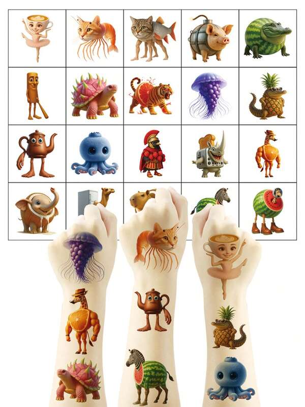 20Sheets/Set Italian Brainrot Cartoon Kawaii Party Supplies Temporary Tattoo Stickers Tung Tung Tung Sahur Tralalero Tralala Bombardiro Crocodilo Lirili Larila Glorbo Frutto Drillo Body Art Waterproof Sticker Gift Decoration Accessories