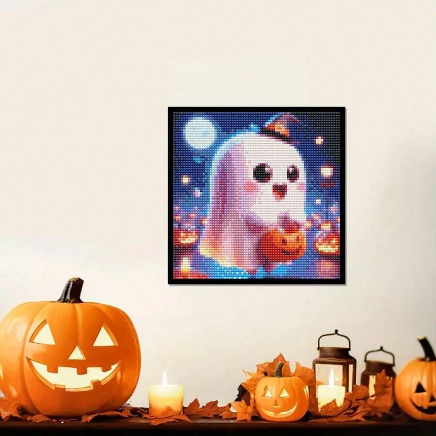 1 pieza Cesta de calabaza, fantasmas lindos, kit de pintura de diamantes, arte de diamantes de forma redonda completa, estilo moderno, adecuado para el hogar, la sala de estar, la decoración de oficinas, excelente para principiantes, ideal para regalos de Halloween y Navidad, sin marco