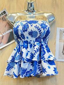Printed Cropped Blouse With Elastic Ruffle - Blue - View 1