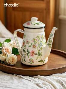 1pc搪瓷水壶画花瓶1.2升大容量水壶咖啡壶窄口油壶煮茶壶家用煮茶壶茶壶适用于电炉燃气泡茶煮咖啡 - 搪瓷茶壺 - 查看 4