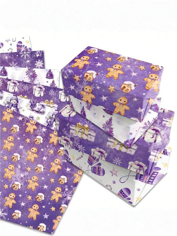 12pcs/6pcs Purple Christmas Wrapping Paper, 6 Classic Festival-Style Gift Wrapping Papers, Batch Gingerbread Trees And Snowflakes, Purple Christmas Wrapping Paper Style Folding Flat Christmas Art Paper, 20 X 28 Inches, Artistic Handicrafts, Suitable For Winter Vacation, Family Gatherings, Babe Shower ,Christmas Design Gift Wrapping Paper, Christmas Party Supplies, Christmas Winter Party DIY Handicrafts