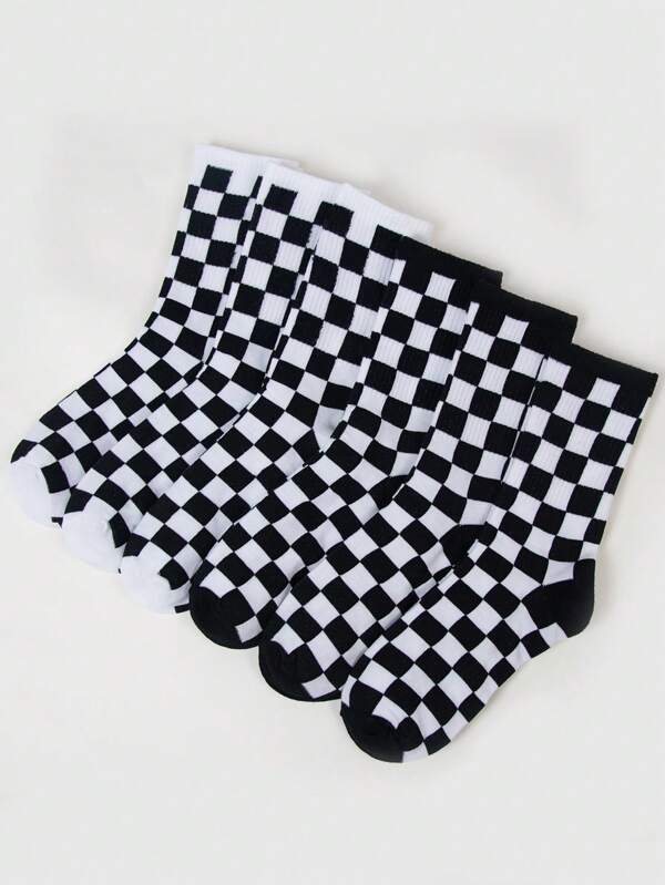 2/5/6 Pairs Women's Black & White Checkerboard Patterned Crew Socks, Personalized Casual Socks Suitable For All Seasons, Couples, Outdoor, Parties, Gifts, Y2K, Goth, Back To School, Tights, Soft, Comfortable, Breathable