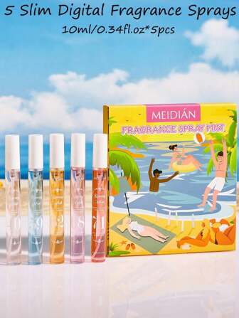 5PCS 10ml Digital Beach Scent Slim Perfume For Women,Long-Lasting Air Freshener,Portable Odor-Neutralizing Home Fragrance For Bedroom/Closet/Bathroom,Summer Travel Must-Have,Valentine's/Mother's Day Gift,Wedding Graduation Season Essentials
