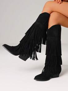 Women's Retro Fringe Knee High Cowboy Boots Fashion Pointed Toe Block Chunky High Heels Pull On Vintage Western Cowgirl Boots - màu đen - Xem 2