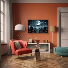 Framed 1pc Vintage Gothic Halloween Canvas Wall Art Spooky Deserted Tomb Scene With Full Moon Bats And Jack-O'-Lanterns Eerie Artwork Painting,Canvas Poster Decorative Painting,Aesthetic Art Print Wall Decor,Wall Art Picture Print Home Decor For Livingroom,Bedroom,Study,Office,Corridor,Bar,Bathroom,Kitchen,Corridor Decoration - 框架 - 查看 2