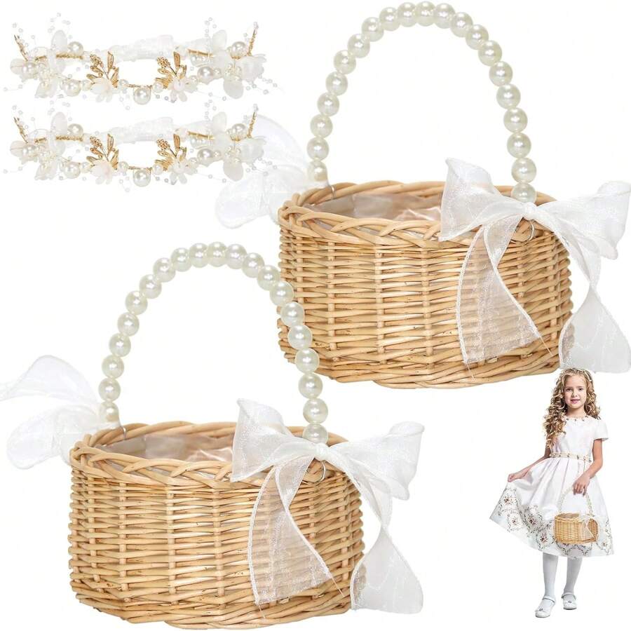 一套柳条花童篮和头饰，手工编织柳条篮，配珍珠手柄和蝴蝶结，仙女花篮，婚礼花童珍珠头饰，适合婴儿派对 - 彩色 - 查看 1