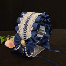 1pc Lolita Style Girl Faux Pearl Bow Lace Headband + Cute Countryside Themed Headpiece Ribbon Maid Headdress, Suits 2D Lolita Halloween