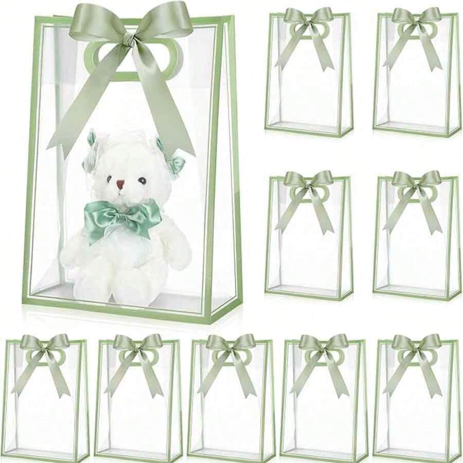 1/4/12pcs Transparent Gift Bags With Ribbons, Suitable For Baby Shower, Graduation, Wedding, Bridal Party, Birthday Party, Business Occasions, With Cut-Out Handles, Reusable PP Material, Size: 7x10x3.15 Inches (Green) - Green - View 1