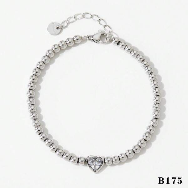 1pc Fashion Heart Beaded Tennis Bracelet, Minimalist Stainless Steel Gold Plated Wristband Suitable For Women's Daily Wear