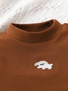 3 件装少女休闲卡通动物刺绣圆领百搭长袖 T 恤，适合秋冬季日常穿着、上学和户外活动