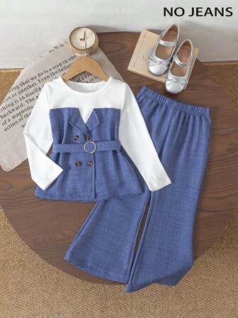 [Efecto impreso, no vaquero] Conjunto de camiseta de manga larga de cuello redondo con botones de color contrastante y cinturón en la cintura, y pantalones rectos de cintura elástica, adecuado para uso diario, en casa y al aire libre, primavera/otoño, para niña joven de moda casual