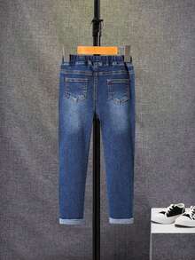 2 件男童秋季服装：夜光恐龙印花连帽运动衫 + 抗皱牛仔裤，休闲日常穿着 - 黑色 - 查看 7