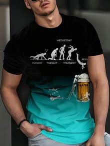 黑色渐变设计T恤，印有啤酒杯和英文星期图案，休闲时尚百搭短袖T恤，100%涤纶弹力面料 - 彩色 - 查看 3