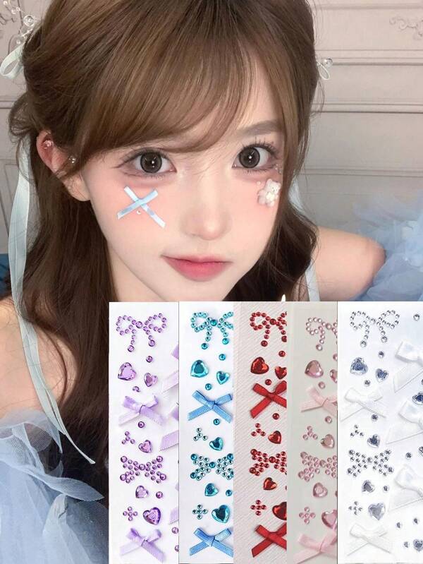 1pc/2pcs/5pcs/10pcs These Christmas Bow Rhinestone Stickers Feature Cute Heart And Bow Designs, Perfect For Festive Parties, Cosplay, And Photo Shoots. With Sparkling Rhinestones And Delicate Bow Details, They Add A Sweet And Glamorous Touch To Your Look. Easy To Apply, They're Ideal For Creating Charming Facial Art For Christmas And Other Celebratory Events.