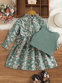 2pcs/Set Girls' Ditsy Floral Dress Set, Including Knit Vest And A-Line Dress, Suitable For Spring And Autumn Wear - Green - View 6