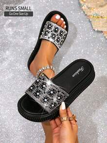 一双2026新款女士夏季时尚闪亮钻石拖鞋，外穿式，平底单线海绵蛋糕厚底单线拖鞋 - 黑色 - 查看 7
