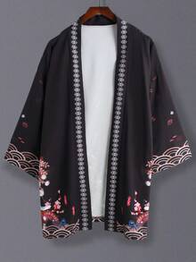 日式稻荷神印花轻质防晒和服开衫，男女通用宽松 3/4 袖休闲披肩领外套，适合春夏季、角色扮演、动漫、节日 - 黑色 - 查看 2