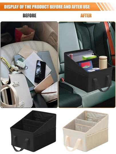 汽车座椅收纳袋 - 可折叠紧凑型汽车座椅收纳袋，适用于前排/后排座椅，无异味面料，公路旅行必备，带安全带和4个杯架，适合儿童使用