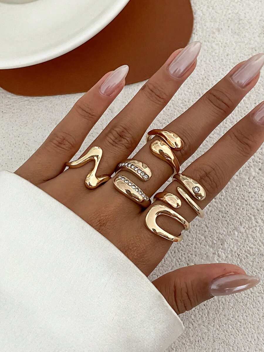 5pcs Exaggerated Crown, Hip Hop, Knuckle, Vintage Metal Water Drop, Geometric Fashion Rings, Suitable For Parties, Gifts, Daily Wear - Gold - View 1