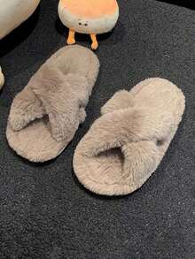 1 双女童平底防滑休闲时尚露趾凉鞋，毛绒衬里，适合秋冬季 - 卡其色 - 查看 3