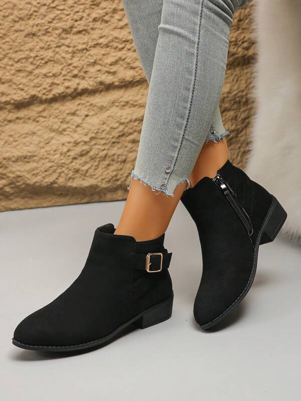 New Arrival Autumn/Winter British Style Black Boots, Outdoor Side Zipper Fashion Slip-On Short Boots, Cross-Border Trade Plus Size 36-43 Pointed Toe Block Heel Black Ankle Boots & Short Boots For Women