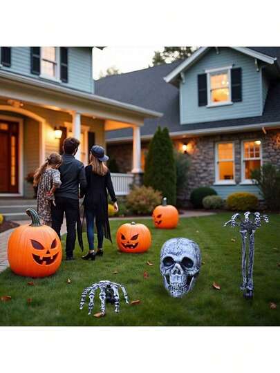 3PCS Halloween Courtyard Props, Three Pieces Skeleton Set, Themed Party Courtyard Horror Decoration Ornament Skeleton Set, Happy Halloween!