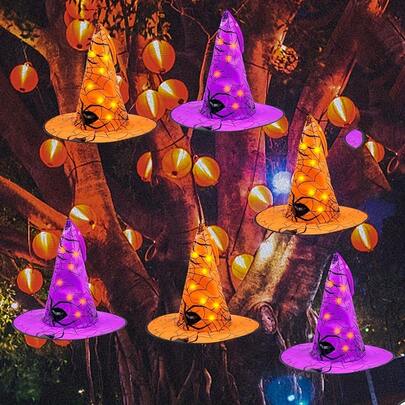 6 pezzi di cappelli da strega illuminati appesi, luci a stringa da 14 piedi con 56 LED per Ognissanti da interno ed esterno con telecomando, alimentate a batteria con 8 modalità di illuminazione per giardino, cortile, albero (Ognissanti)