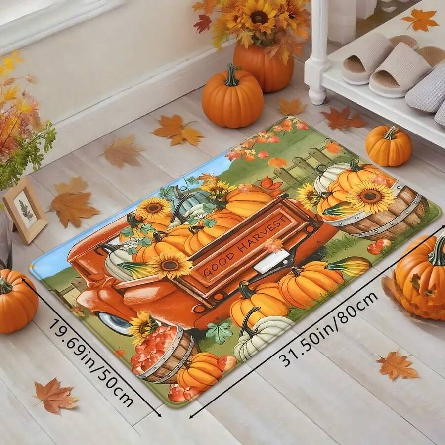 1pc Thanksgiving Harvest Season Crop Print Holiday Doormat, Soft Non-Slip Absorbent Machine Washable Kitchen Mat, Festive Cozy Entryway Rug, Rectangular Low Pile Holiday Home Decor Mat, Suitable For Living Room, Bedroom, Kitchen, Laundry Room, Bathroom