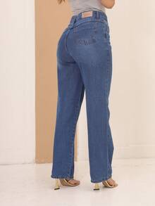 Calça Jeans Wide Leg Feminina Cintura Alta Tecido Grosso Elegante Confortável 100% Jeans Algodão Vintage - Azul - Visão 4