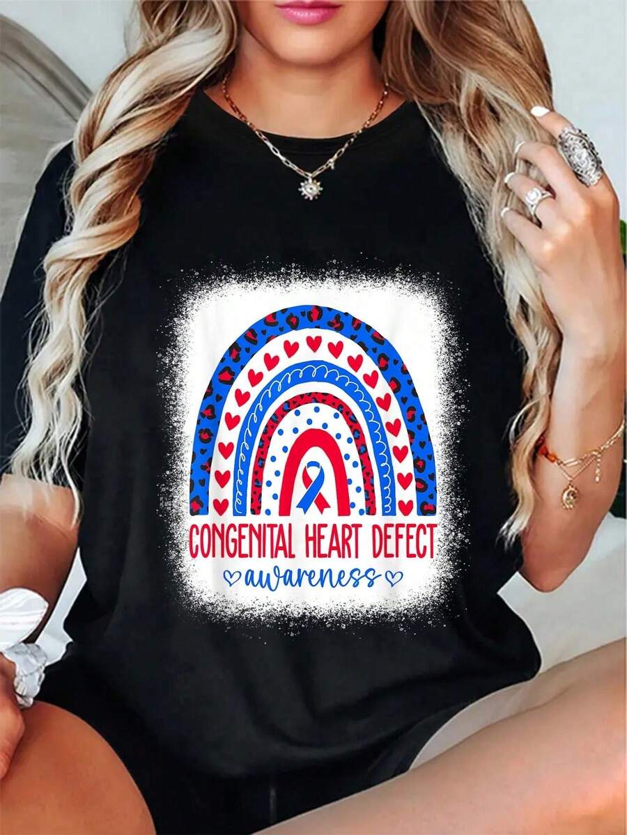 100% Cotton CHD Congenital Heart Defect Awareness Month T-Shirt Summer Tops For Women - Black - View 1