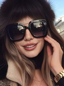 1 件大框时尚眼镜网红同款街拍时尚百搭装饰眼镜宽边方形个性驾驶瘦脸眼镜女士时尚眼镜女士墨镜海滩配饰复古 Y2k 适合夏季海滩度假、户外、旅行 - 黑色 - 查看 5