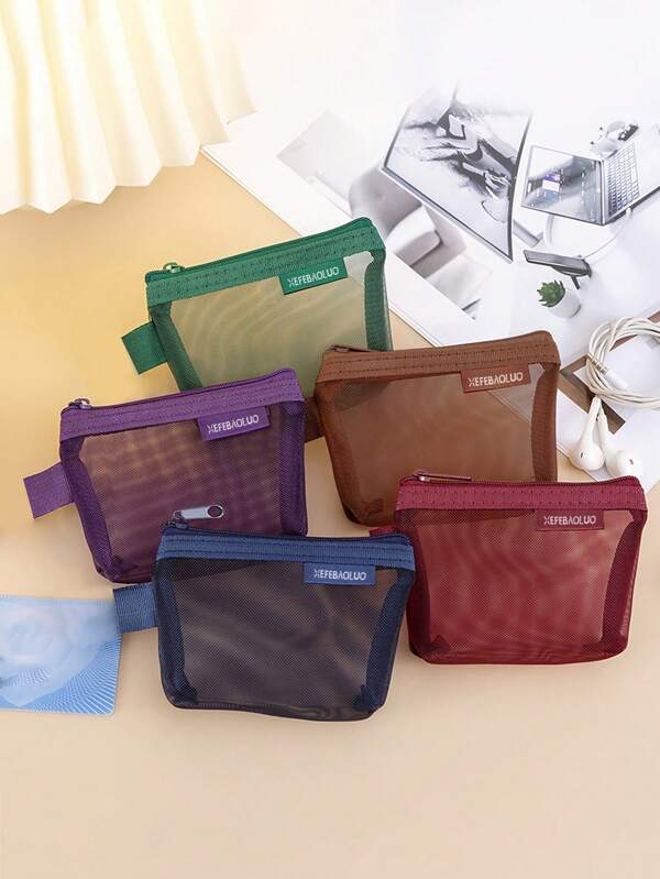 Mini pochette in rete in nylon, trasparente, con zip e design a costine, disponibile in più colori, ideale per auricolari, cosmetici, carte e articoli da viaggio, custodia per auricolari, organizer per cavi e caricabatterie
