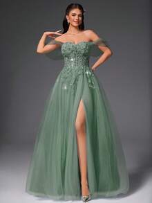 VIPGIRL 绿色露肩薄纱贴花舞会礼服，甜心A字开衩正式晚礼服，女士公主舞会礼服，适合毕业典礼、庆典、婚礼宾客 - 綠色 - 查看 6