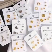 15 对/5 套简约蝴蝶和心形不锈钢耳钉，混合款式，适合派对、婚礼、日常佩戴、时尚珠宝礼物，随机发货 - 隨機5組不鏽鋼耳釘 - 查看 10