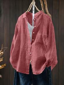 Áo khoác cardigan dáng rộng, thanh lịch, chất liệu vải dệt kẻ caro, thích hợp cho bữa ăn trưa, mặc hàng ngày, tiệc trà, mọi mùa, kỳ nghỉ xuân, màu đỏ. - Đỏ - Xem 1